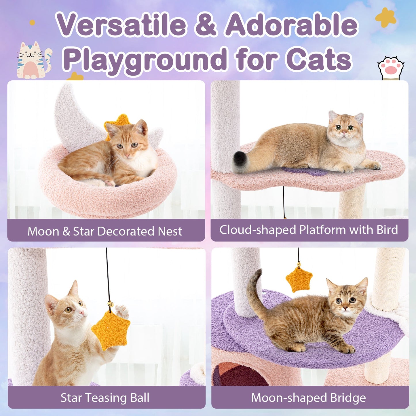 Cute Cat Tree for Indoor Cats, Multi-level Cat Tower w/ Sisal Covered Scratching Posts, Condo, Moon Star Plush Perch, Hammock, Cloud Platforms, Dangling Toys, Kitty Play House Activity Center