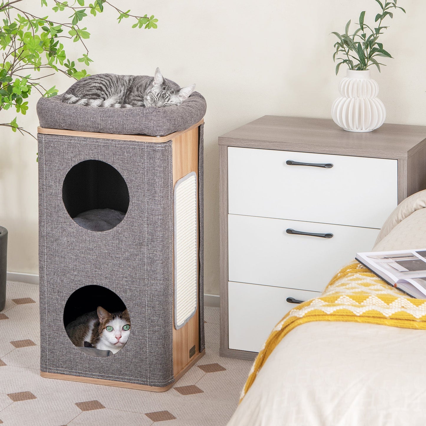 3-Story Cat House, Barrel-shaped Cat Condo w/ Soft Padded Top Perch & 2 Cat Caves, Multi-layer Cat Bed w/ Scratching Board, Removable Cushions & Outside Cover for Indoor Cats Kittens