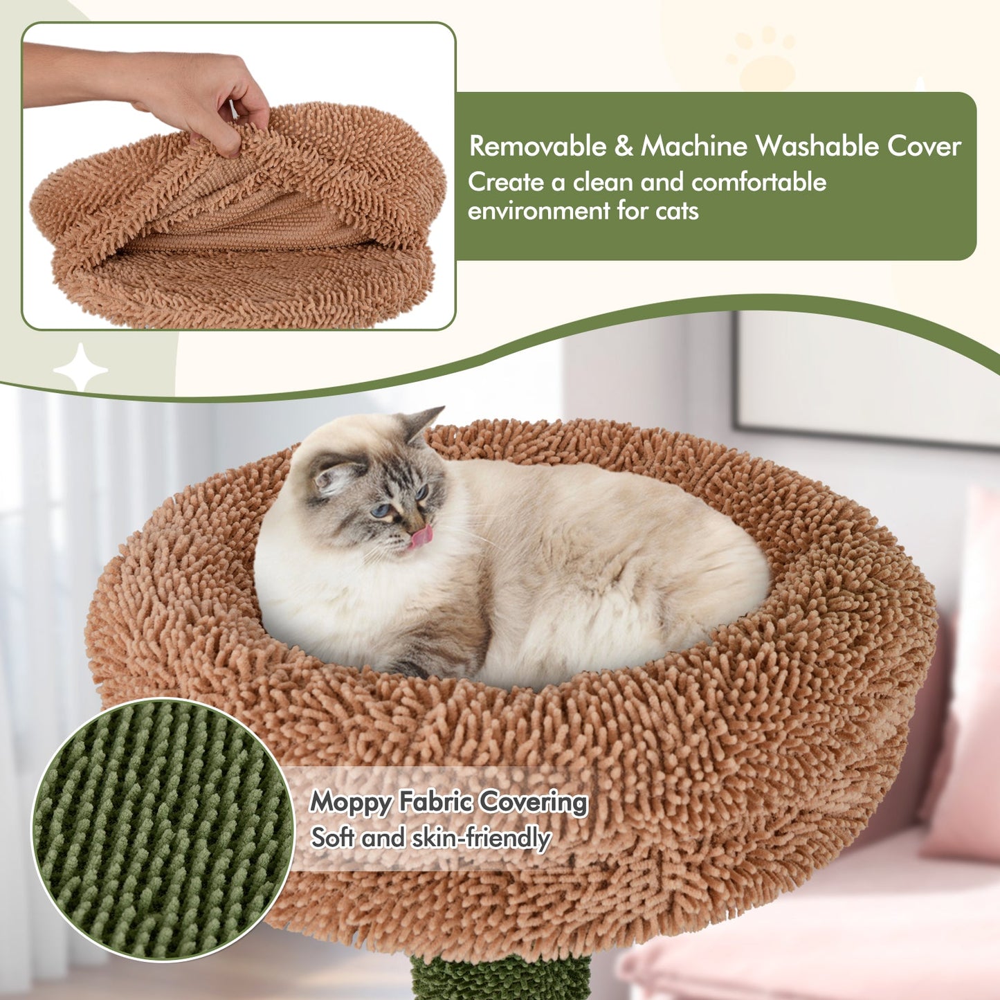 60" Cat Tree for Indoor Cats, Cute Cat Tower w/ Sisal Scratching Posts & Rope, Plush Perch, Hanging Toy, Napping Bed, Self Groomer, Faux Plant Decoration, Jumping Platforms, Multi-level Kitty Activity Center