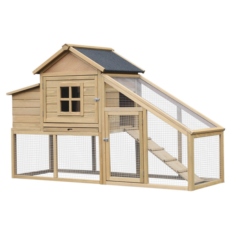 69" Wooden Chicken Coop with Ramp, Ventilated Window, Removable Tray, and Nesting Box for Poultry