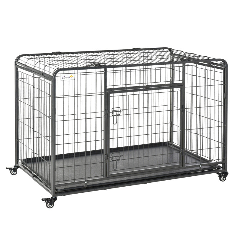 Heavy-Duty 49" Folding Dog Crate with Removable Tray, Cover & Locking Wheels - Indoor/Outdoor Metal Kennel for Small Pets