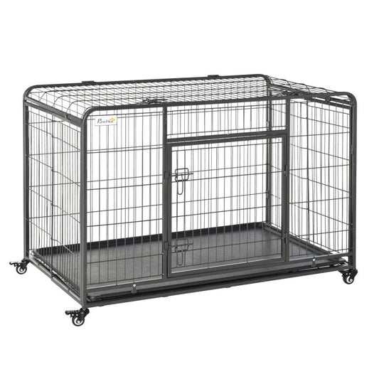 Heavy-Duty 49" Folding Dog Crate with Removable Tray, Cover & Locking Wheels - Indoor/Outdoor Metal Kennel for Small Pets