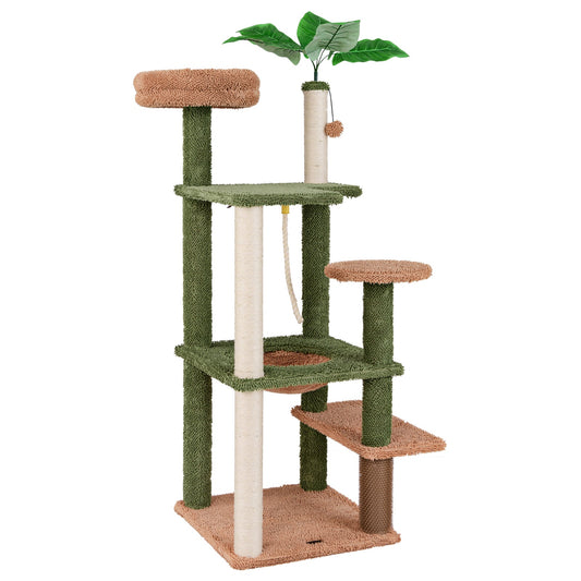 60" Cat Tree for Indoor Cats, Cute Cat Tower w/ Sisal Scratching Posts & Rope, Plush Perch, Hanging Toy, Napping Bed, Self Groomer, Faux Plant Decoration, Jumping Platforms, Multi-level Kitty Activity Center