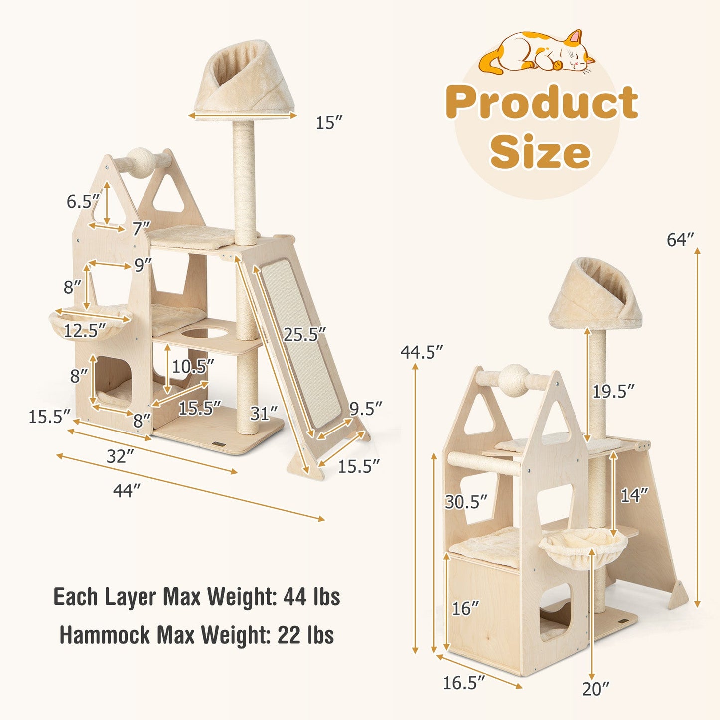 64" Tall Cat Tree, Multi-Layer Wooden Cat Tower W/ Scratching Rotatable Ball & Posts, Sisal Ramp, Cradle, Cat Climbing Stand W/ Plush Perch, Activity Center Furniture for Kitten & Adult Cat