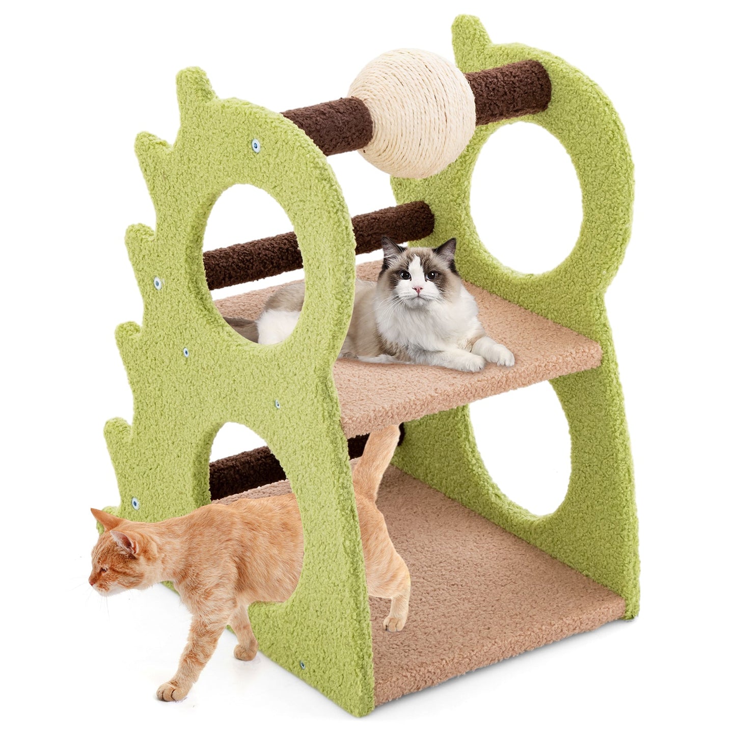 2-Tier Modern Cat Tree for Indoor Cats, Cute Dinosaur-Shaped Cat Tower w/ Rotatable Sisal Scratching Ball, Soft Plush Fabric, Cat Climbing Stand, Activity Center for Kitten & Adult Cat