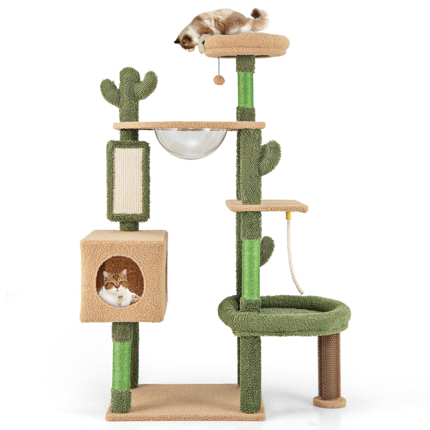 59" Tall Modern Cat Tree, Green Cactus Cat Tower w/ Perch, Condo, Large Bed, Space Capsule, Sisal Scratching Posts & Mat, Self Groomer, Rope, Ball, Multi-Level Activity Tree for Indoor Cats