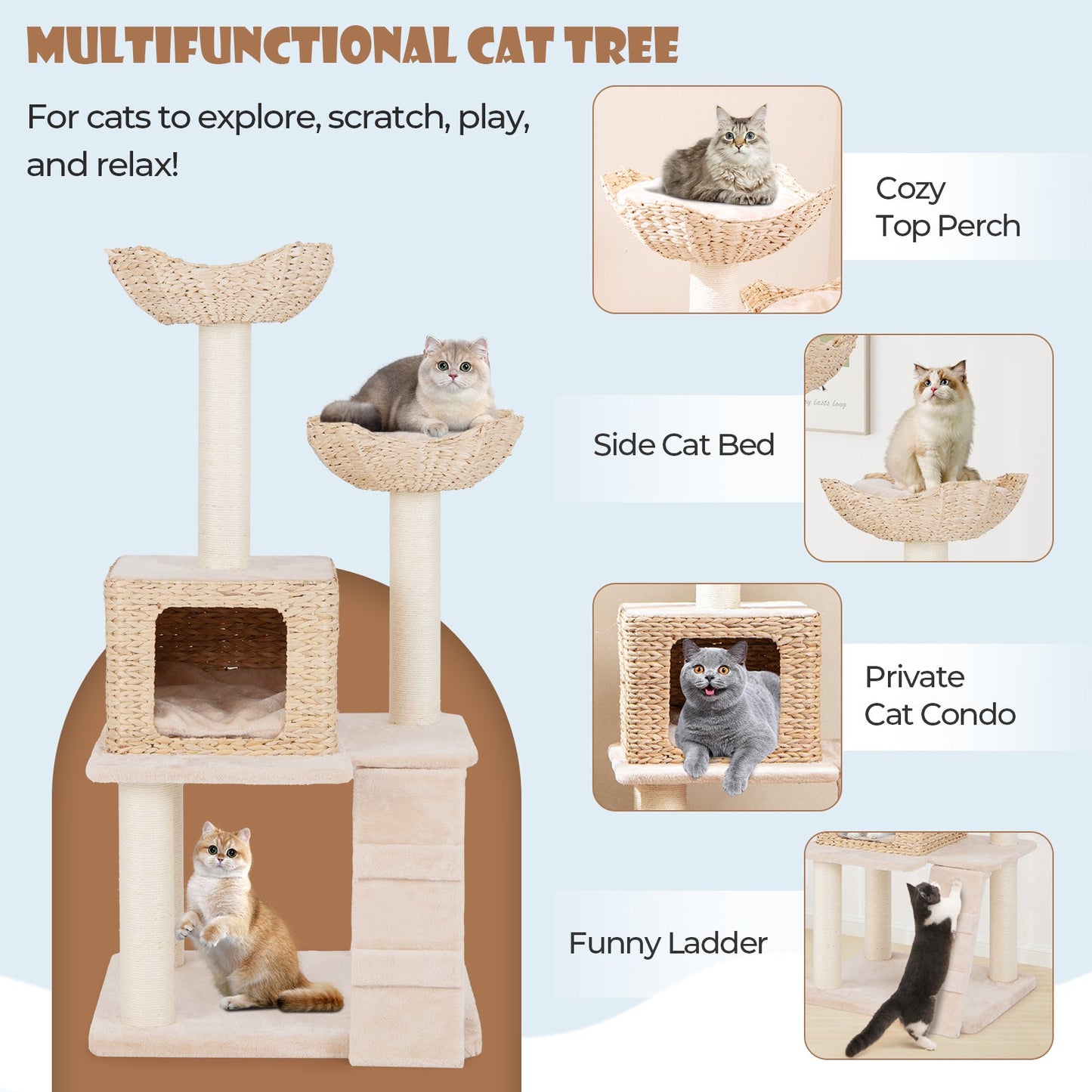 Cat Tree, 48" Cattail Cat Tower w/ Sisal Scratching Posts, Perch, Condo, Basket Bed, Ladder, Washable Cushions, 4-Layer Cat Activity Center, Climbing Furniture for Indoor Kittens & Adult Cats