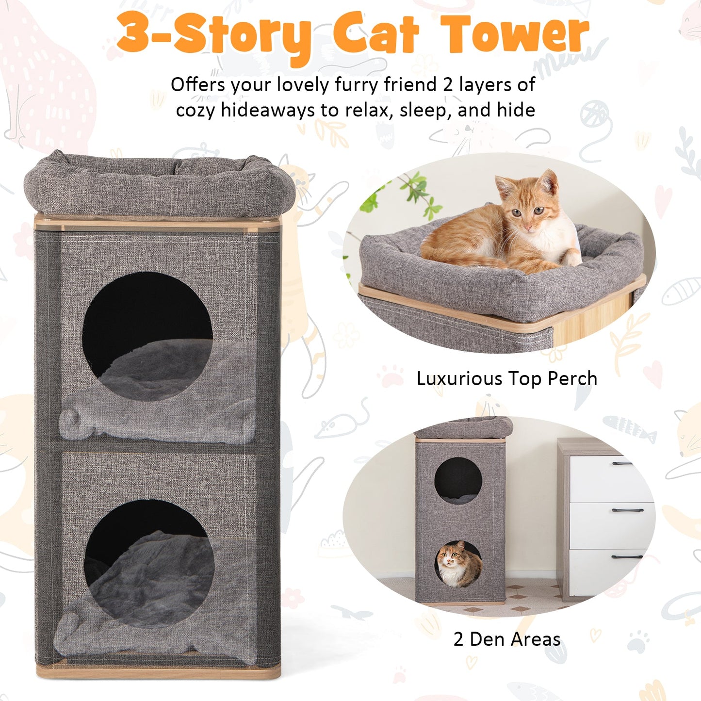 3-Story Cat House, Barrel-shaped Cat Condo w/ Soft Padded Top Perch & 2 Cat Caves, Multi-layer Cat Bed w/ Scratching Board, Removable Cushions & Outside Cover for Indoor Cats Kittens