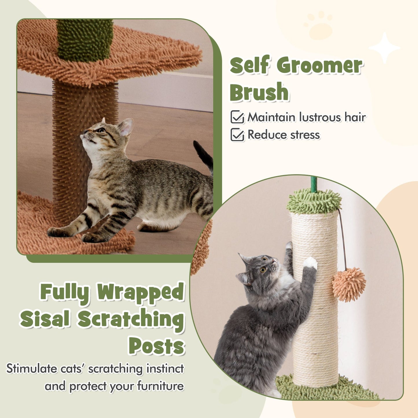 60" Cat Tree for Indoor Cats, Cute Cat Tower w/ Sisal Scratching Posts & Rope, Plush Perch, Hanging Toy, Napping Bed, Self Groomer, Faux Plant Decoration, Jumping Platforms, Multi-level Kitty Activity Center