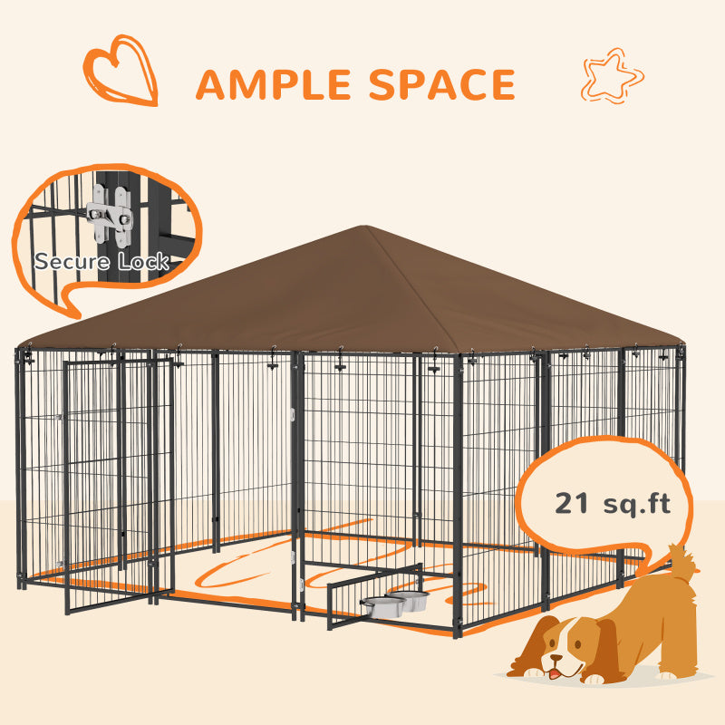 Deluxe 6.9' x 5' Outdoor Dog Kennel with Canopy - Durable Synthetic Fiber, Includes Rotating Bowl & Coffee Cup Design