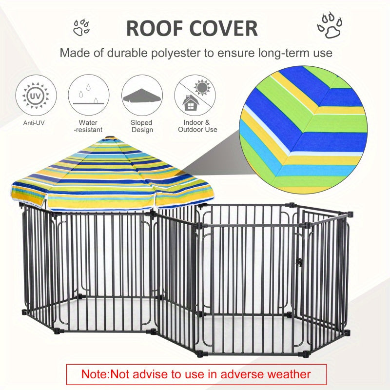 Dog Playpen with Removable Synthetic Fiber Canopy, Indoor/Outdoor Metal Fence, 47" Tall, with Door for Small to Medium Pets