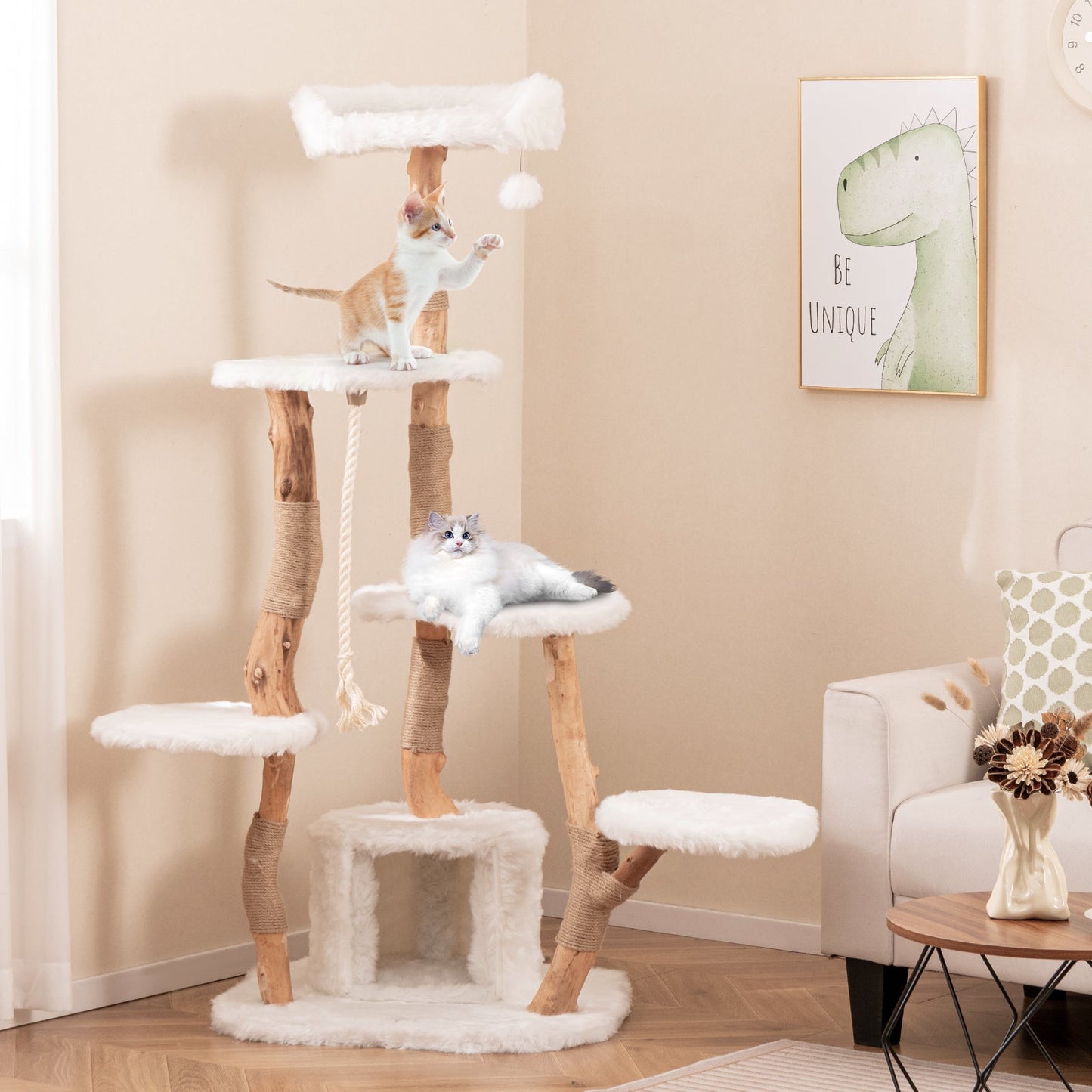 66" Tall Solid Wood Cat Tree, Modern Wooden Cat Tower w/ Perch, Condo, Jute Scratching Posts, Sisal Rope, Dangling Ball, Soft Long Plush, 6-Tier Activity Center, Indoor Cat & Kitten Furniture