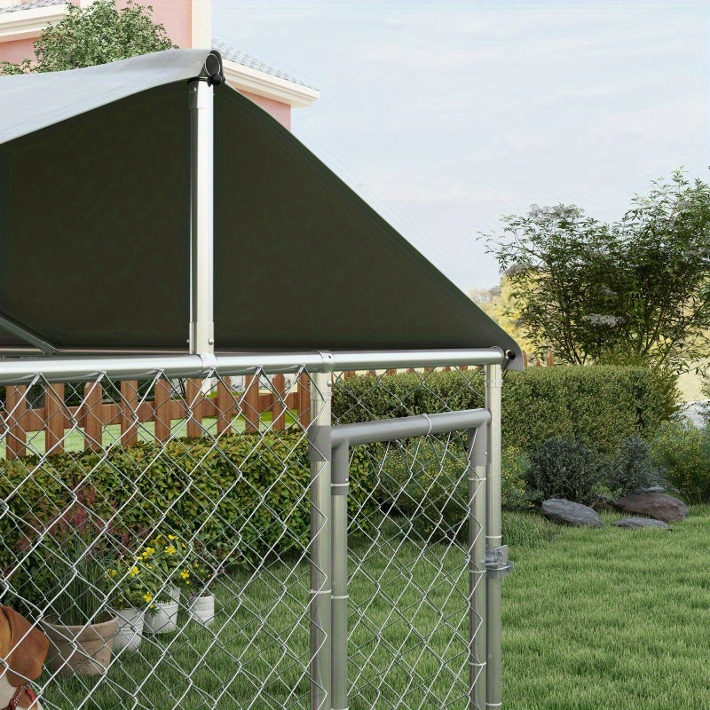 Heavy Duty Outdoor Dog Kennel, 6.6'x6.6'x4.9' Galvanized Chain Link Cage with Waterproof Synthetic Fiber Cover and Secure Lock