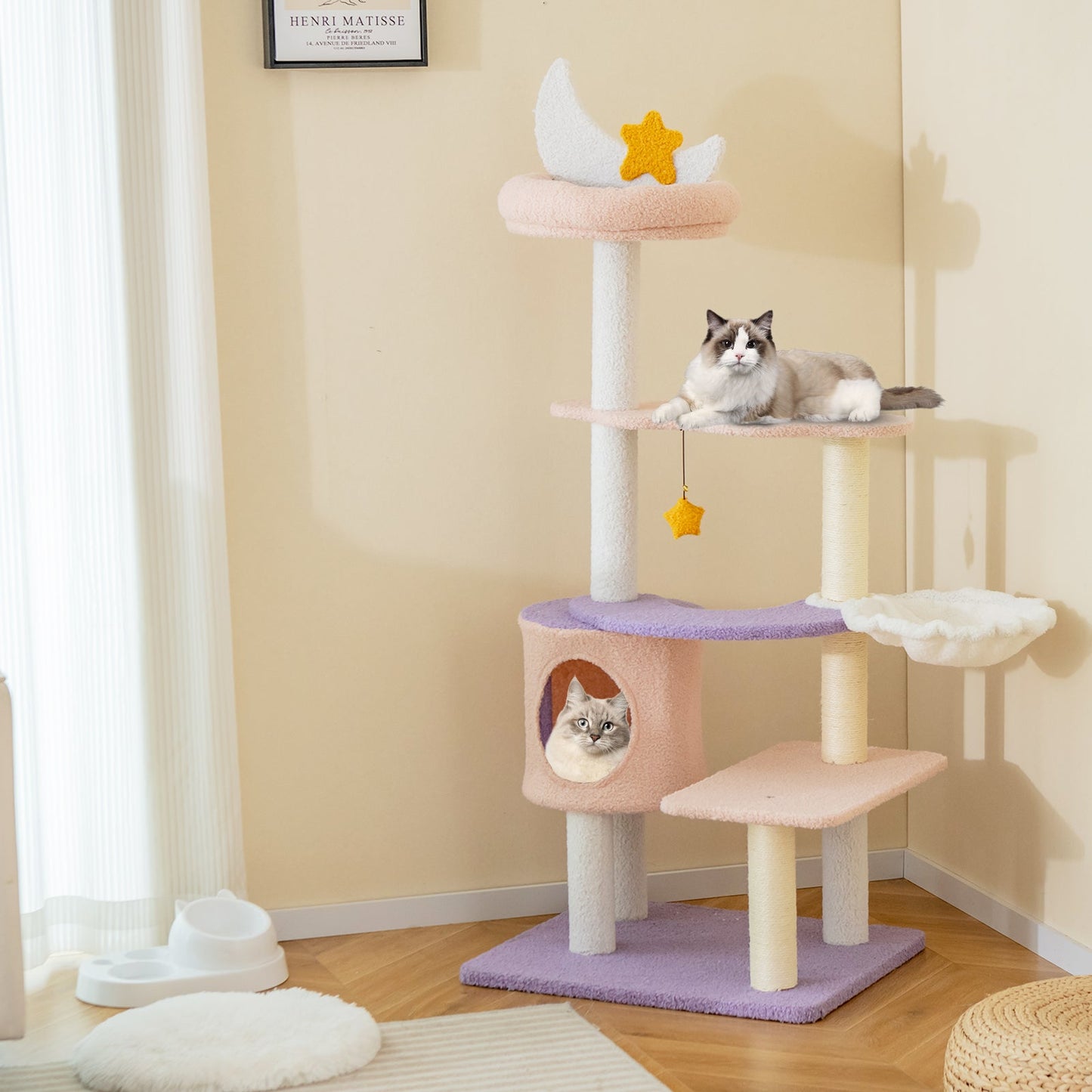 Cute Cat Tree for Indoor Cats, Multi-level Cat Tower w/ Sisal Covered Scratching Posts, Condo, Moon Star Plush Perch, Hammock, Cloud Platforms, Dangling Toys, Kitty Play House Activity Center