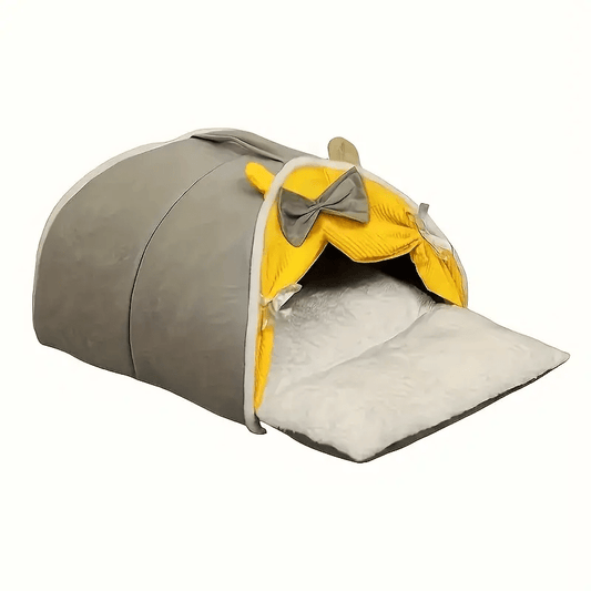 style plus pp cotton with gray bow, full and comfortable semi-enclosed cat bed - thickened warm winter tent with non-slip cushion and removable pad, dedicated for deep sleep (with 2 toy balls)