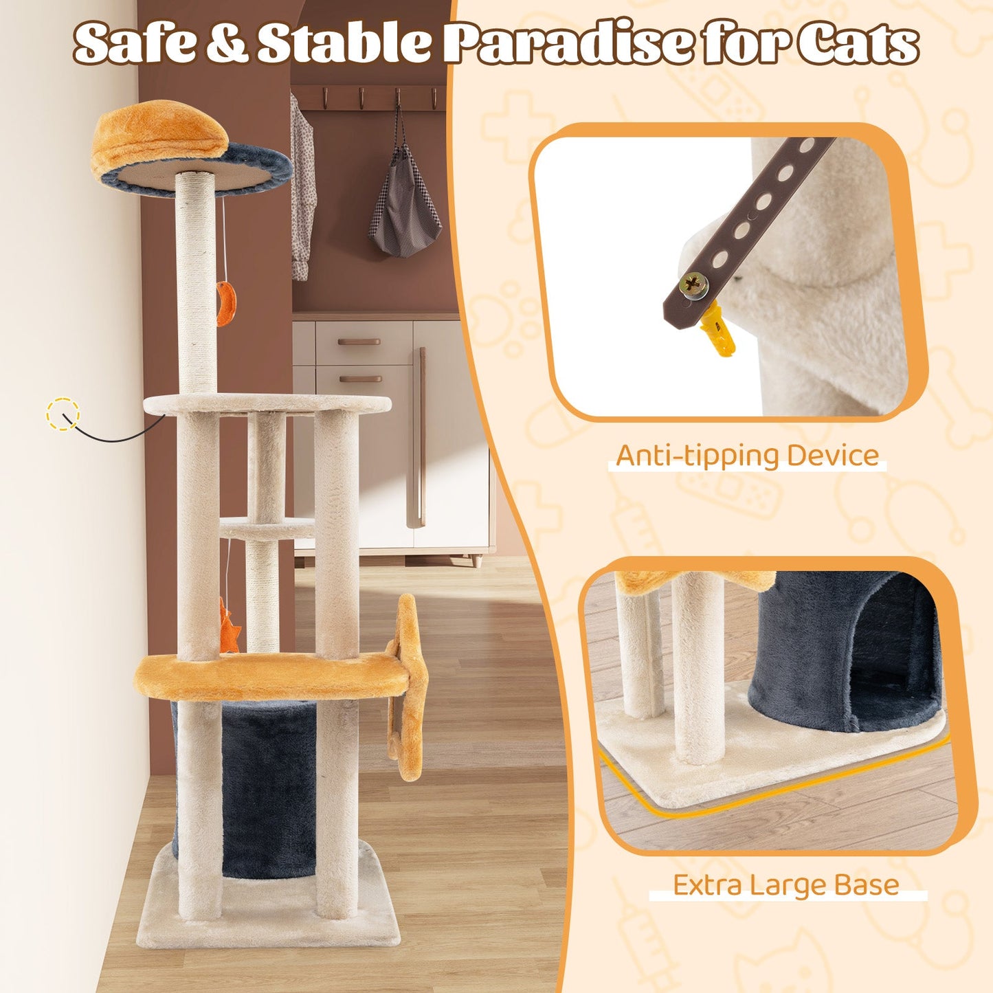 50" Cute Cat Tree for Indoor Cats, Multi-level Cat Tower w/ Sisal Scratching Posts & Board, Condo, Plush Top Perch & Platforms, Hanging Toys, Kitty Activity Center Pet Play House