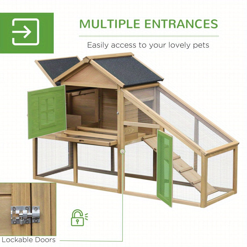 69" Wooden Chicken Coop with Ramp, Ventilated Window, Removable Tray, and Nesting Box for Poultry