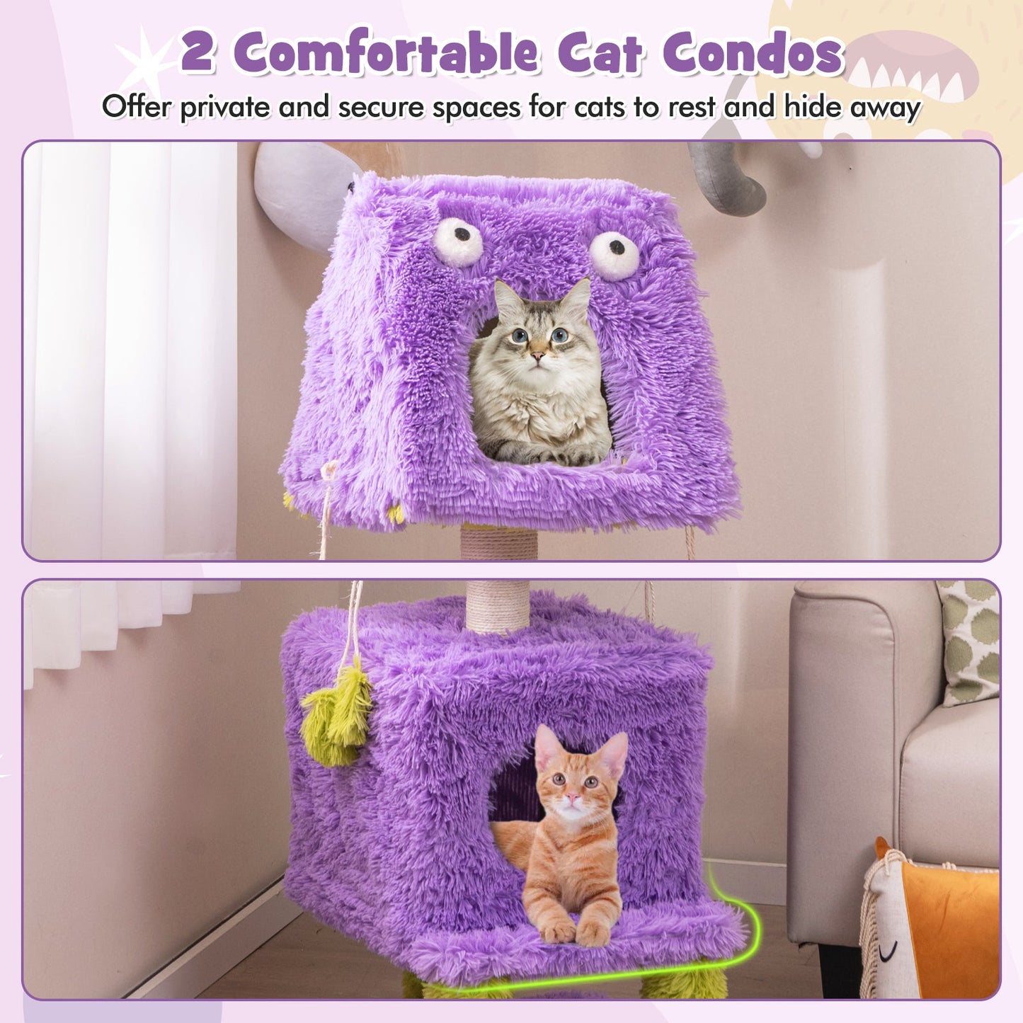 Cat Tree, Cute Monster-Themed Cat Tower w/ 2 Private Condos, Soft Long Plush, Sisal Scratching Post, Hanging Toys, Small Place Cat Furniture, 3-Level Activity Center for Indoor Cat & Kitten