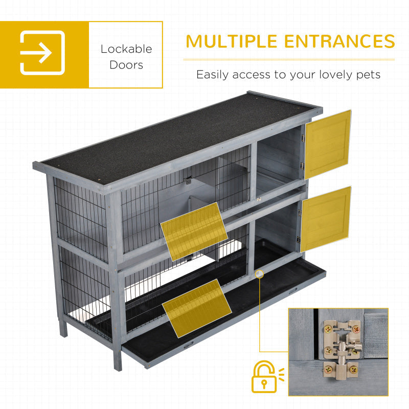 54" 2-Story Large Rabbit Hutch, Wooden Pet House with Synthetic Fiber, Lockable Doors, No Leak Tray, Waterproof Roof for Small Animals, Suitable for Outdoor/Indoor Use - Grey