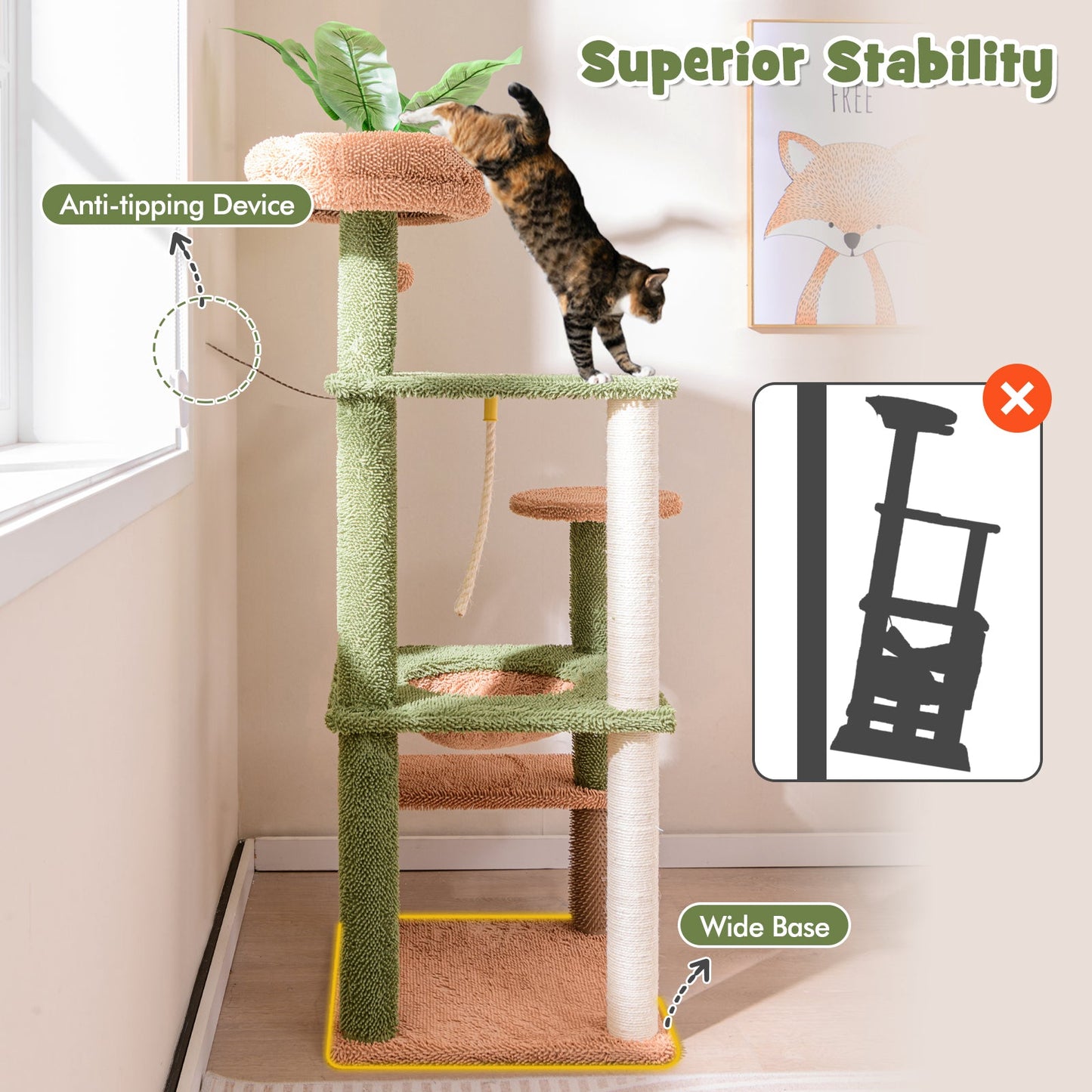 60" Cat Tree for Indoor Cats, Cute Cat Tower w/ Sisal Scratching Posts & Rope, Plush Perch, Hanging Toy, Napping Bed, Self Groomer, Faux Plant Decoration, Jumping Platforms, Multi-level Kitty Activity Center