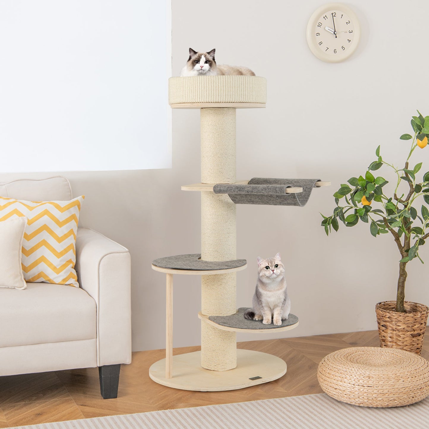 Cat Tree, 47" Multi-layer Cat Tower with Sisal Covered Scratching Posts & Carpet, Padded Top Perch, 2 Jumping Platforms, Hammock, Wooden Cat Activity Center for Indoor Cats