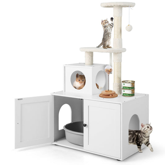 Cat Litter Box Enclosure for Indoors, Enlarged Cat Litter Cabinet with Sisal Scratching Post, Condo & 2 Platforms, Hidden Cat Washroom Furniture with Anti-Tipping Kits, Plush Bell Ball & Divider