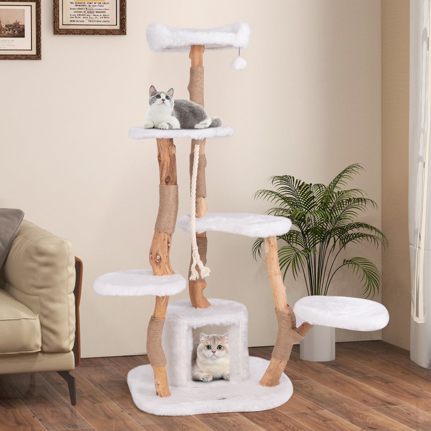 66" Tall Solid Wood Cat Tree, Modern Wooden Cat Tower w/ Perch, Condo, Jute Scratching Posts, Sisal Rope, Dangling Ball, Soft Long Plush, 6-Tier Activity Center, Indoor Cat & Kitten Furniture