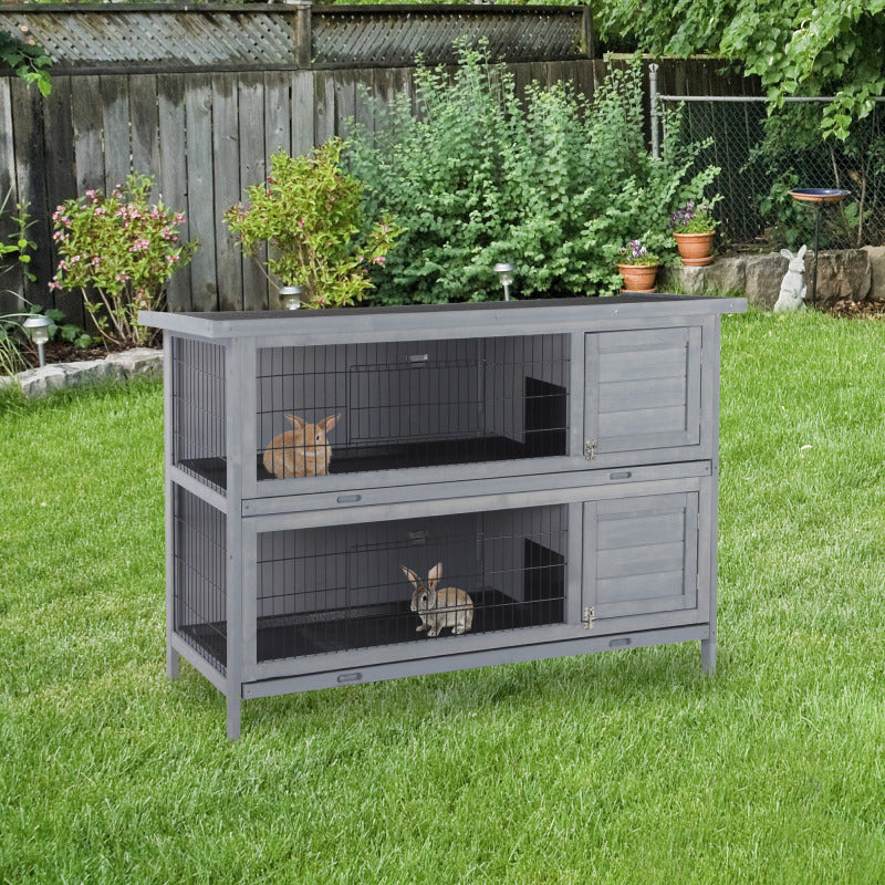 54" 2-Story Large Rabbit Hutch, Wooden Pet House with Synthetic Fiber, Lockable Doors, No Leak Tray, Waterproof Roof for Small Animals, Suitable for Outdoor/Indoor Use - Grey