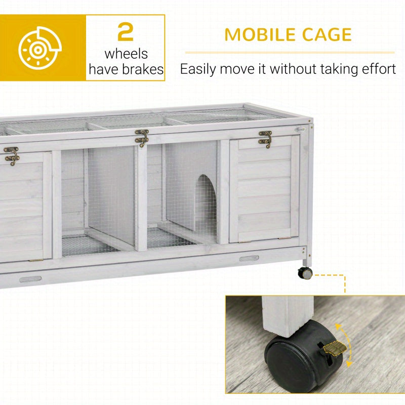 Wooden Rabbit Hutch with Wheels, Openable Roof, Removable Trays, and Dividers - Indoor/Outdoor Small Animal Cage for 1-2 Rabbits