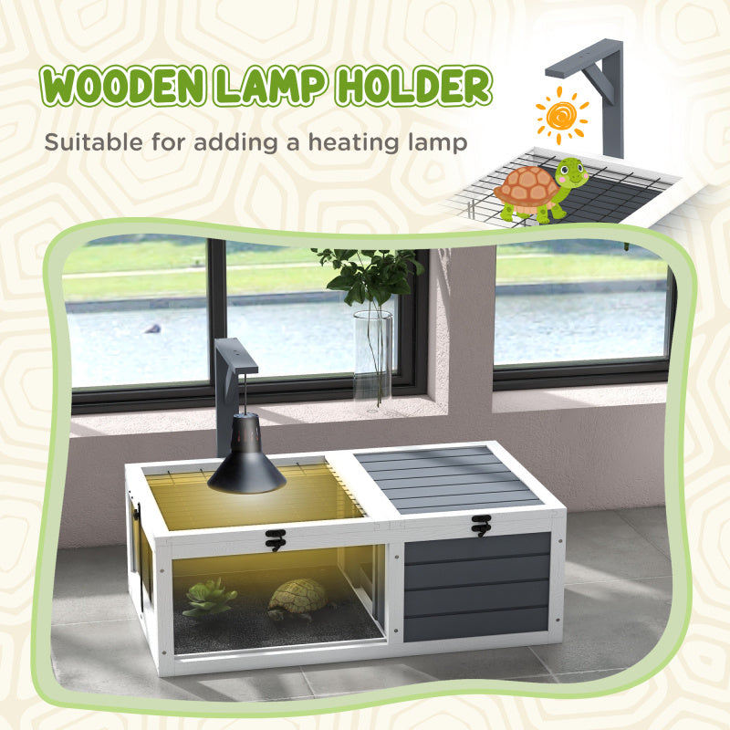 Wooden Tortoise Habitat - Indoor/Outdoor Enclosure with Lamp Holder, Pull-Out Waterproof Trays & Openable Lids, Gray