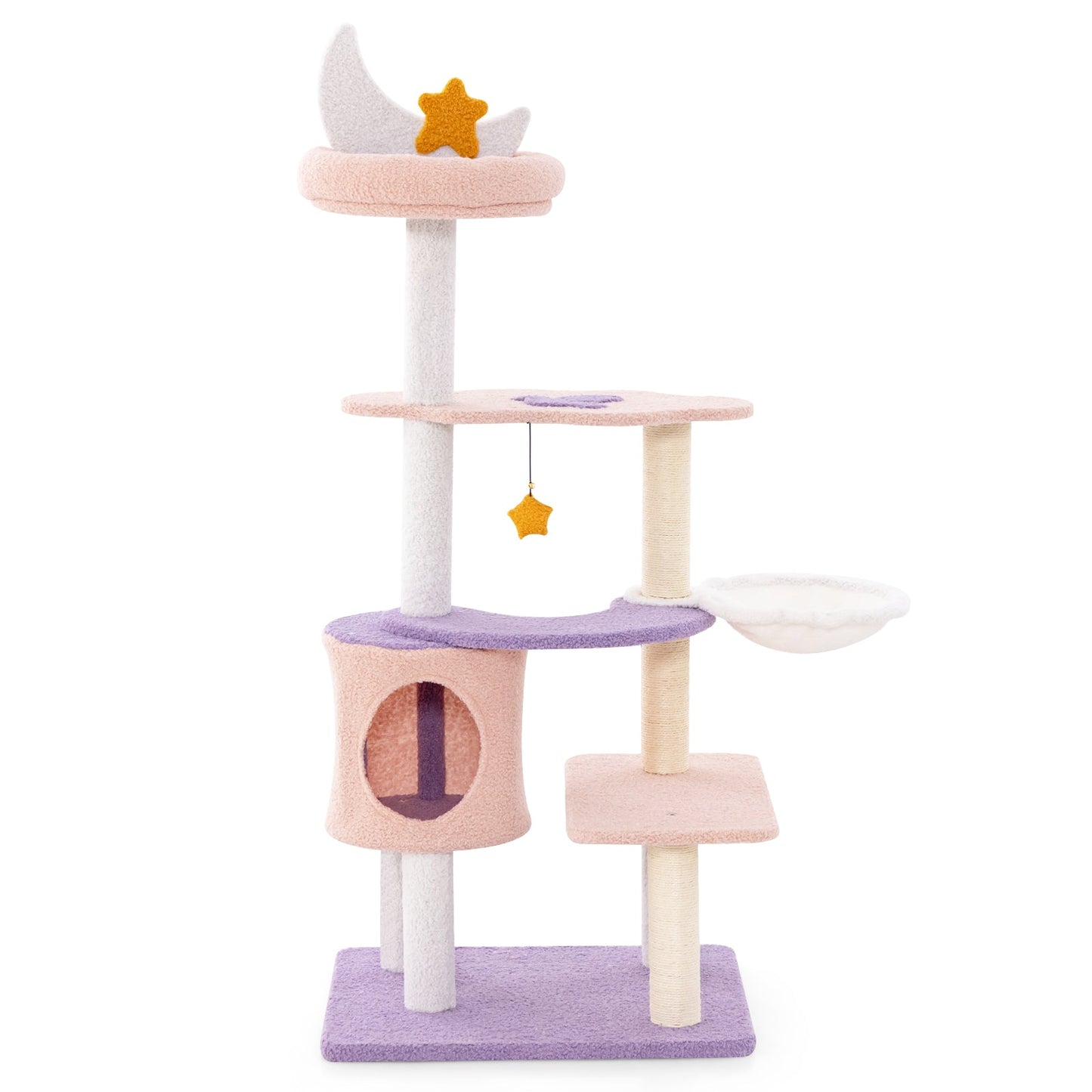 Cute Cat Tree for Indoor Cats, Multi-level Cat Tower w/ Sisal Covered Scratching Posts, Condo, Moon Star Plush Perch, Hammock, Cloud Platforms, Dangling Toys, Kitty Play House Activity Center