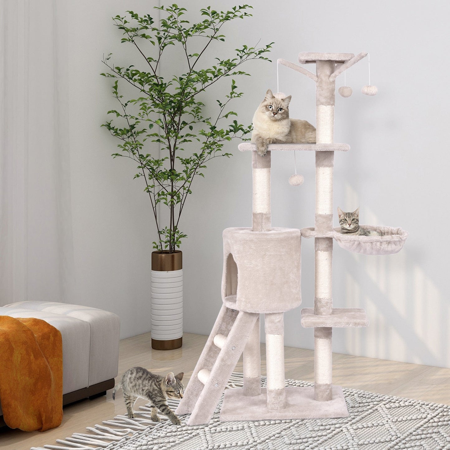 56" Tall Cat Tree, Multi-Layer Cat Tower with Sisal Scratching Posts, Cat Condo & Basket & Perch, Ladder, Pompom Stick, Dangling Balls, Cat Furniture Activity Center for Indoor Cats Kittens