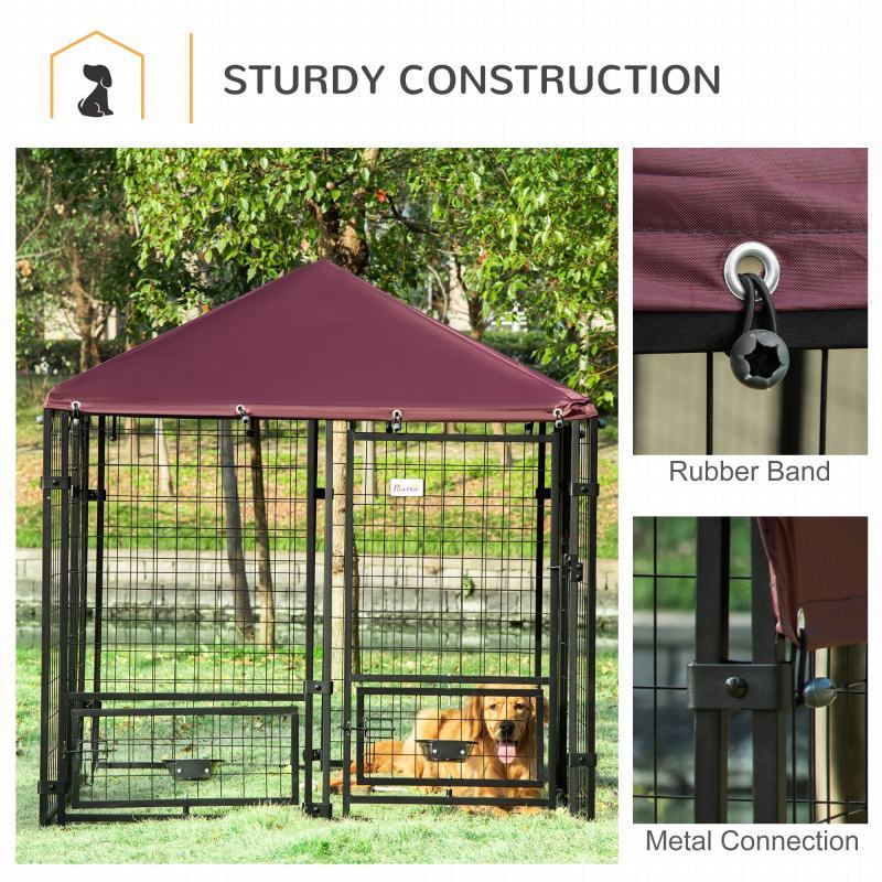 5'x5'x5' Dog Kennel Outdoor, Walk-In Pet Playpen with Rotating Water Bowls, Welded Wire Steel Fence, Water- and UV-Resistant Canopy, Synthetic Fiber Material, Black and Red