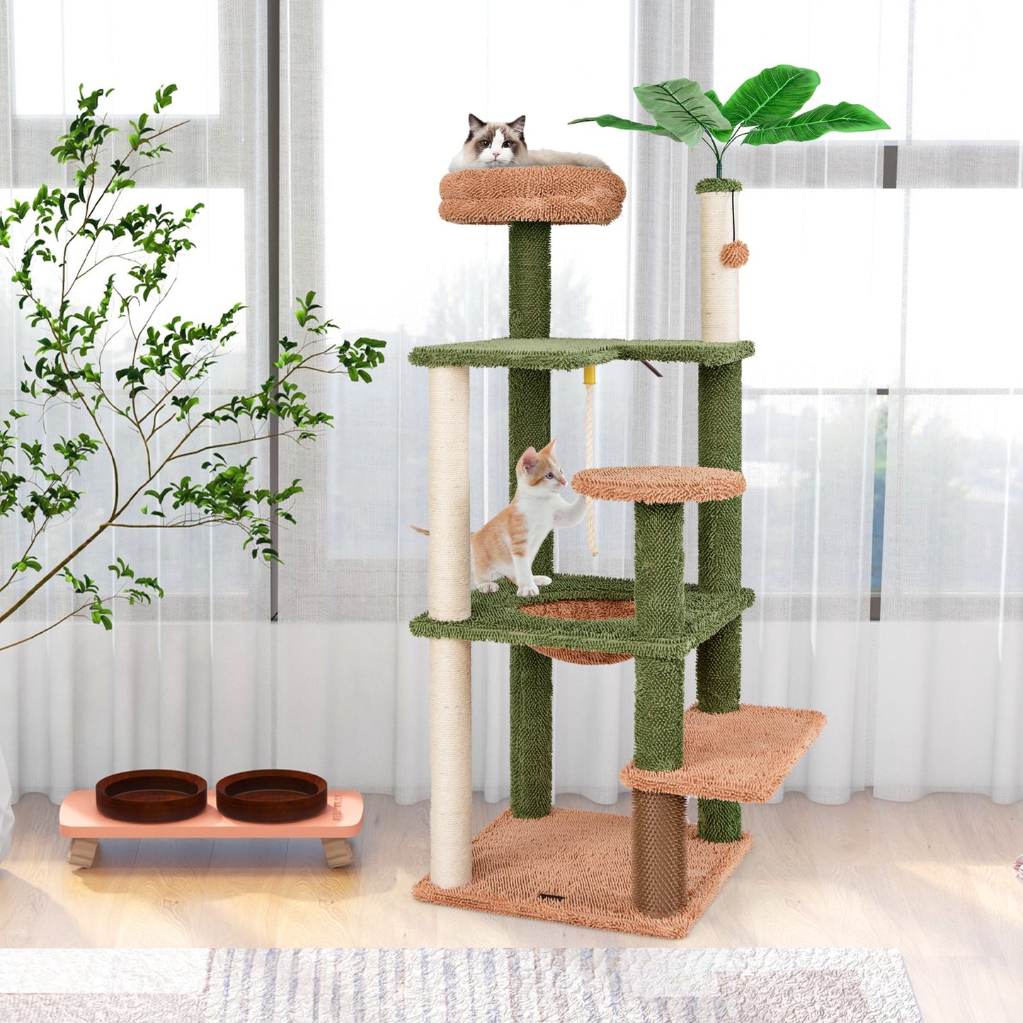 60" Cat Tree for Indoor Cats, Cute Cat Tower w/ Sisal Scratching Posts & Rope, Plush Perch, Hanging Toy, Napping Bed, Self Groomer, Faux Plant Decoration, Jumping Platforms, Multi-level Kitty Activity Center