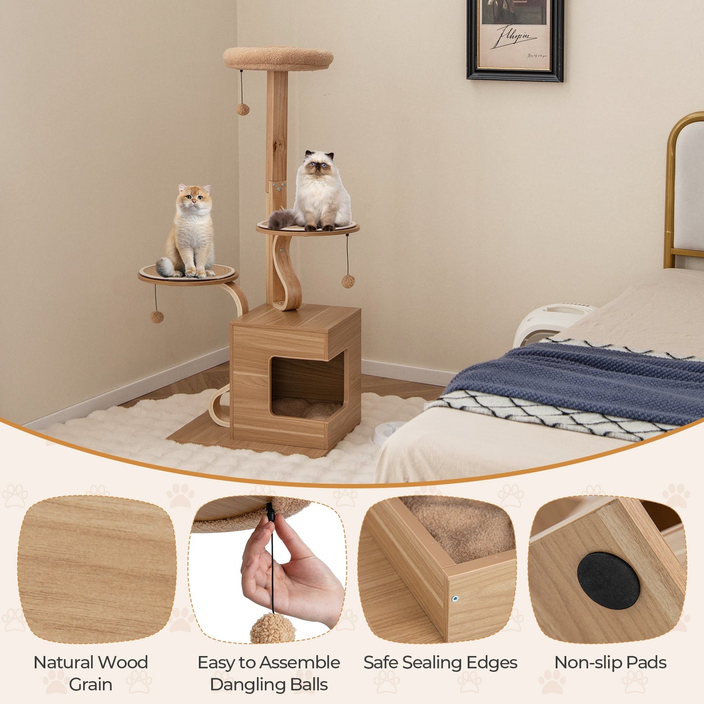 Wooden Cat Tree, 51" Tall Cat Tower w/ Solid Wood Post, Curved Plywood Frame, Cat Condo, Perch, Washable Cushions, 4-Layer Cat Activity Center, Cat Furniture for Indoor Kittens & Adult Cats