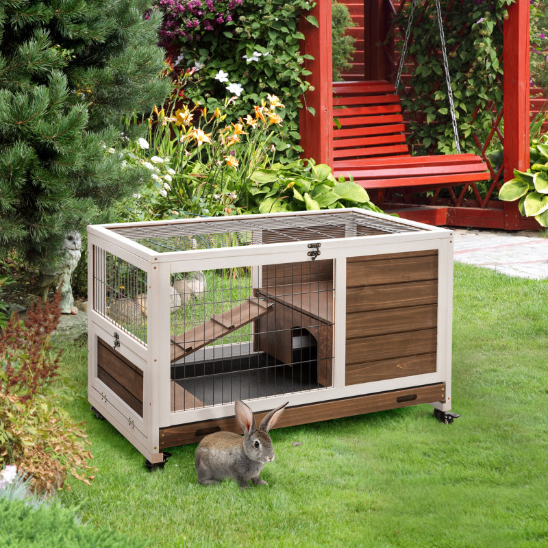 Elevated Wooden Rabbit Hutch with Leak-Proof Tray & Wheels - Indoor/Outdoor Enclosed Run for Guinea Pigs and Small Animals, Brown