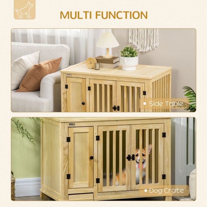 Wooden Dog Crate with Hidden Food Drawer - Cozy End Table Design for Small Breeds, Includes Cushion & Double Doors