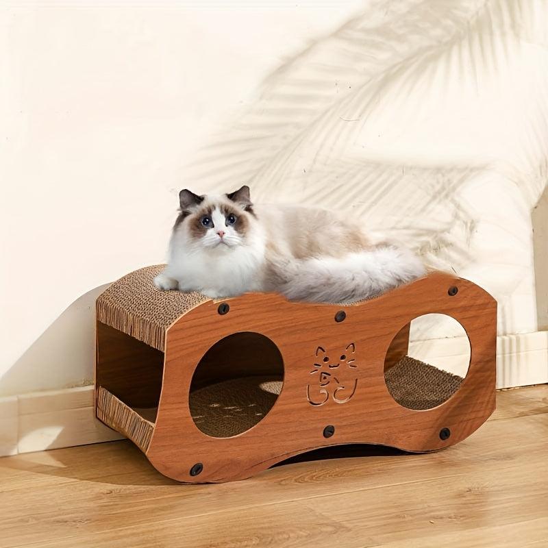 Walnut Wood Cat Scratching Sofa, Durable Hairless Woven Nest, All-Season Comfortable Cat Bed & Play Lounge with Built-in Scratching Post for Cats