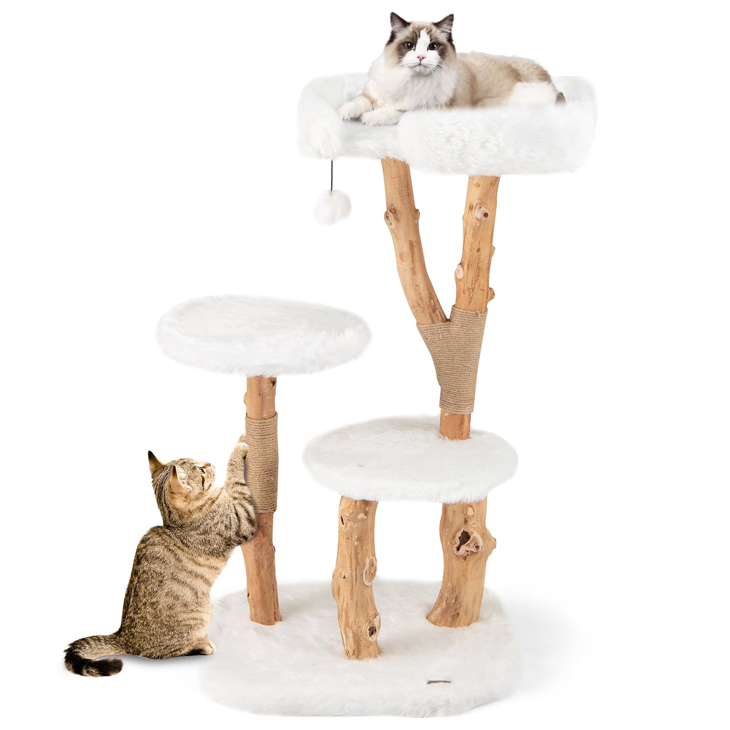 Solid Wood Cat Tree, Modern Wooden Cat Tower w/ Perch, Natural Jute Scratching Posts, Dangling Ball, Soft Long Plush, 44" Tall Luxury Cat Condo, Cat & Kitten Climbing Furniture for Indoor Use