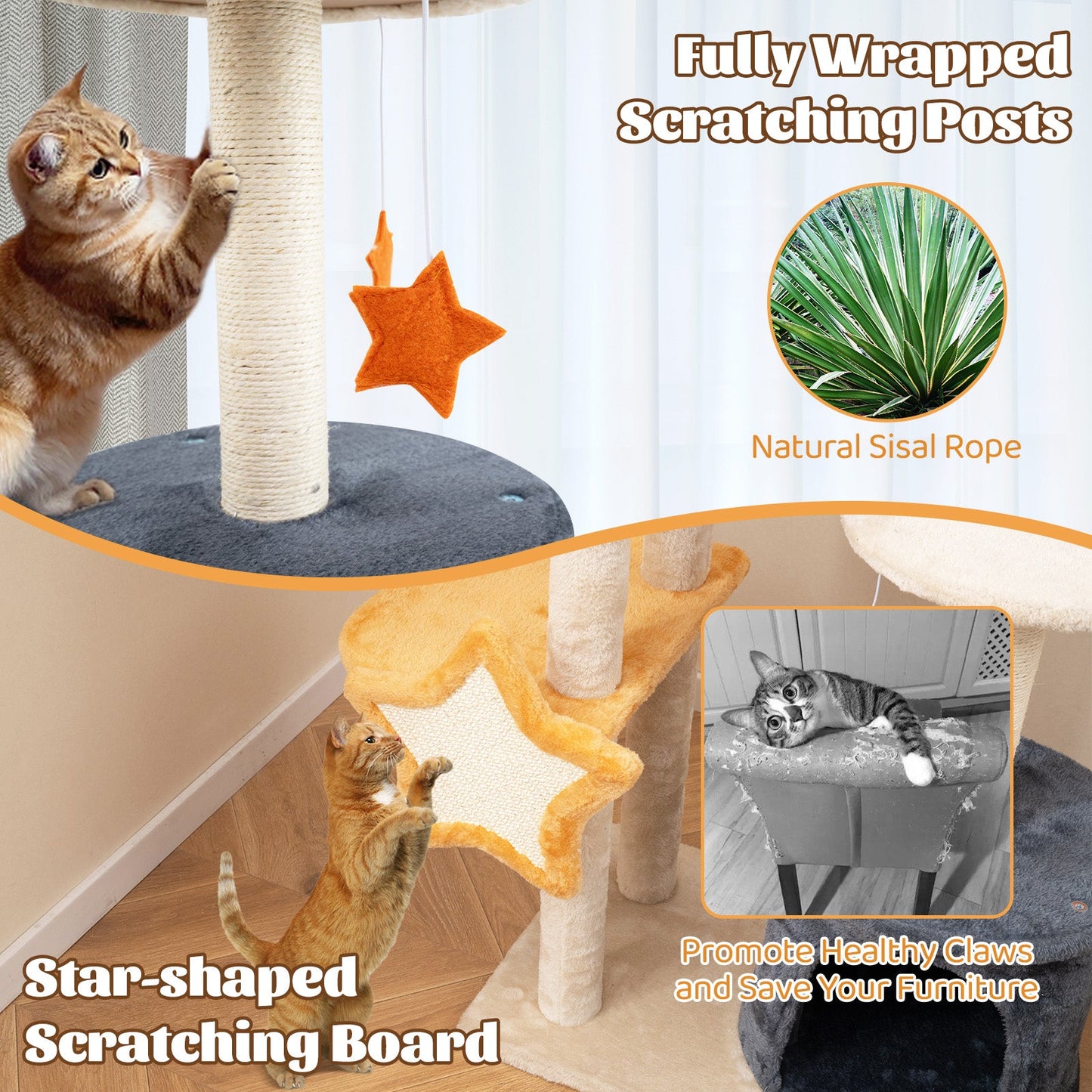 50" Cute Cat Tree for Indoor Cats, Multi-level Cat Tower w/ Sisal Scratching Posts & Board, Condo, Plush Top Perch & Platforms, Hanging Toys, Kitty Activity Center Pet Play House