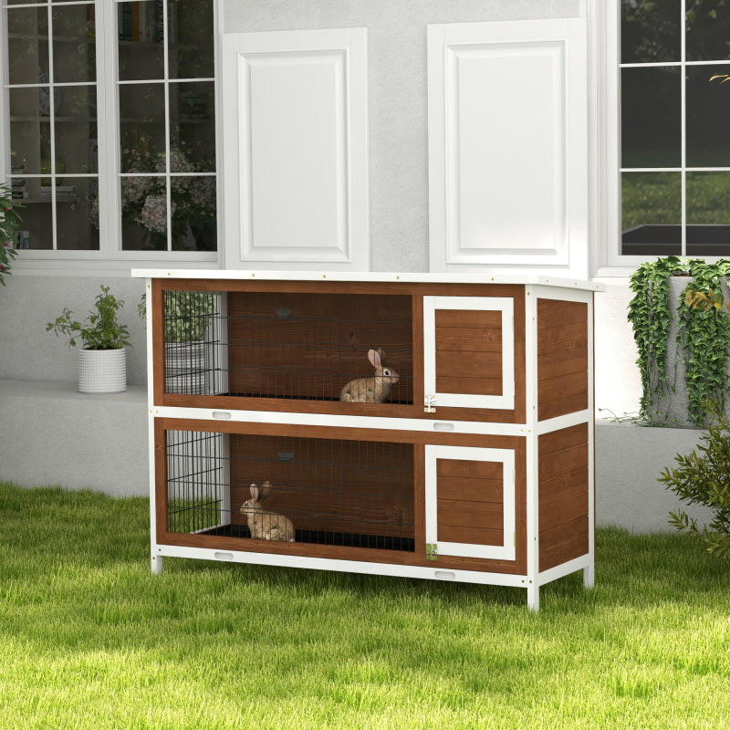 54" 2-Story Large Rabbit Hutch, Wooden Pet House with Synthetic Fiber, Lockable Doors, No Leak Tray, Waterproof Roof for Small Animals, Suitable for Outdoor/Indoor Use