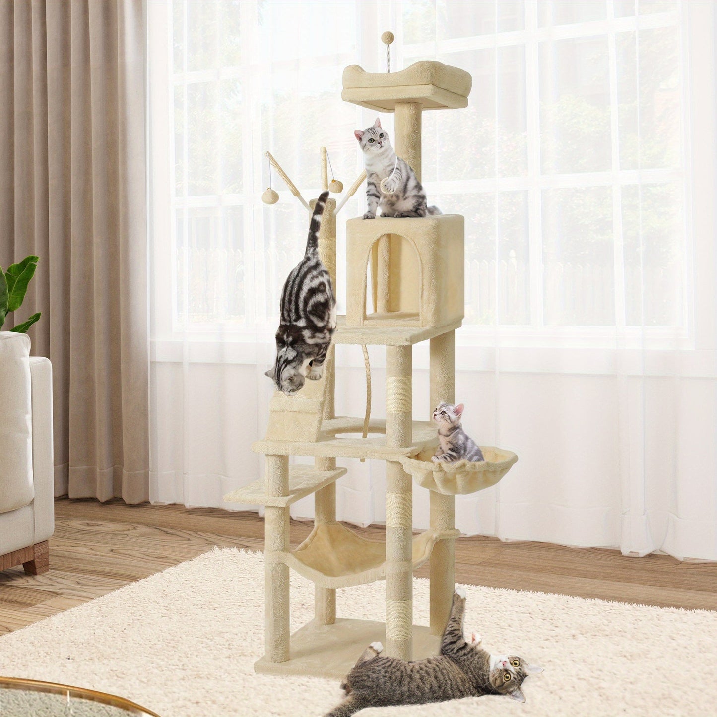 64. 5" Cat Tree, Multi- Level Cat House, Large Cat Condo Furniture with Perch Hammock, Scratching Posts and Dangling Balls for Kittens, Cats and Pets