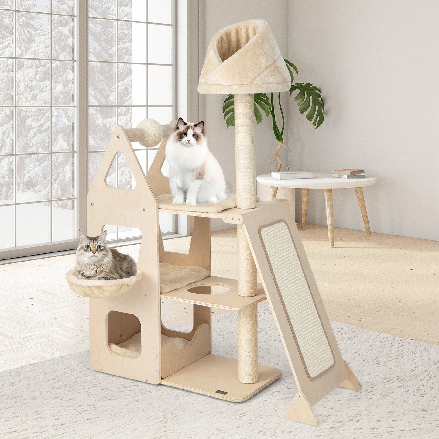 64" Tall Cat Tree, Multi-Layer Wooden Cat Tower W/ Scratching Rotatable Ball & Posts, Sisal Ramp, Cradle, Cat Climbing Stand W/ Plush Perch, Activity Center Furniture for Kitten & Adult Cat