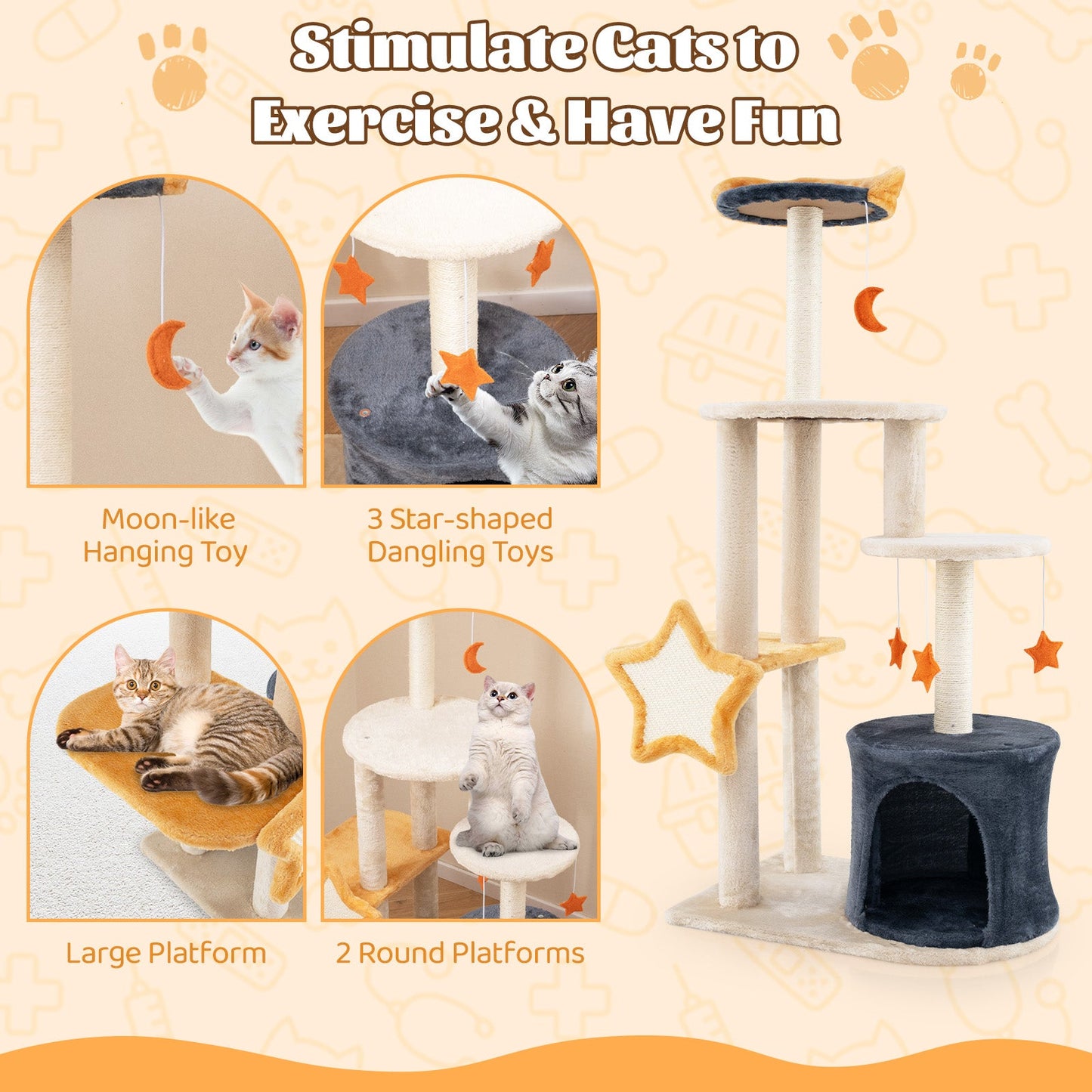 50" Cute Cat Tree for Indoor Cats, Multi-level Cat Tower w/ Sisal Scratching Posts & Board, Condo, Plush Top Perch & Platforms, Hanging Toys, Kitty Activity Center Pet Play House