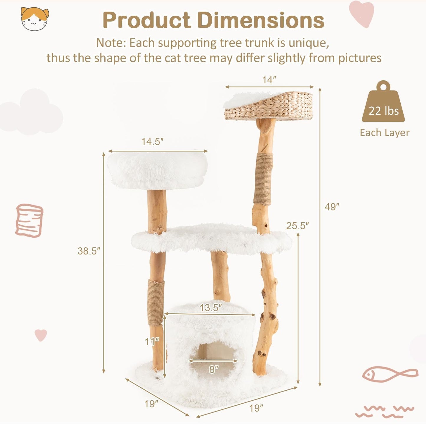 49" Multi-Layer Cat Tree, Solid Wood Cat Tower w/ Top Cattail Basket Cat Bed, Side Perch, Large Platform & Cat Condo, Natural Branch Cat Activity Center w/ Jute Scratching Posts for Indoor Cats