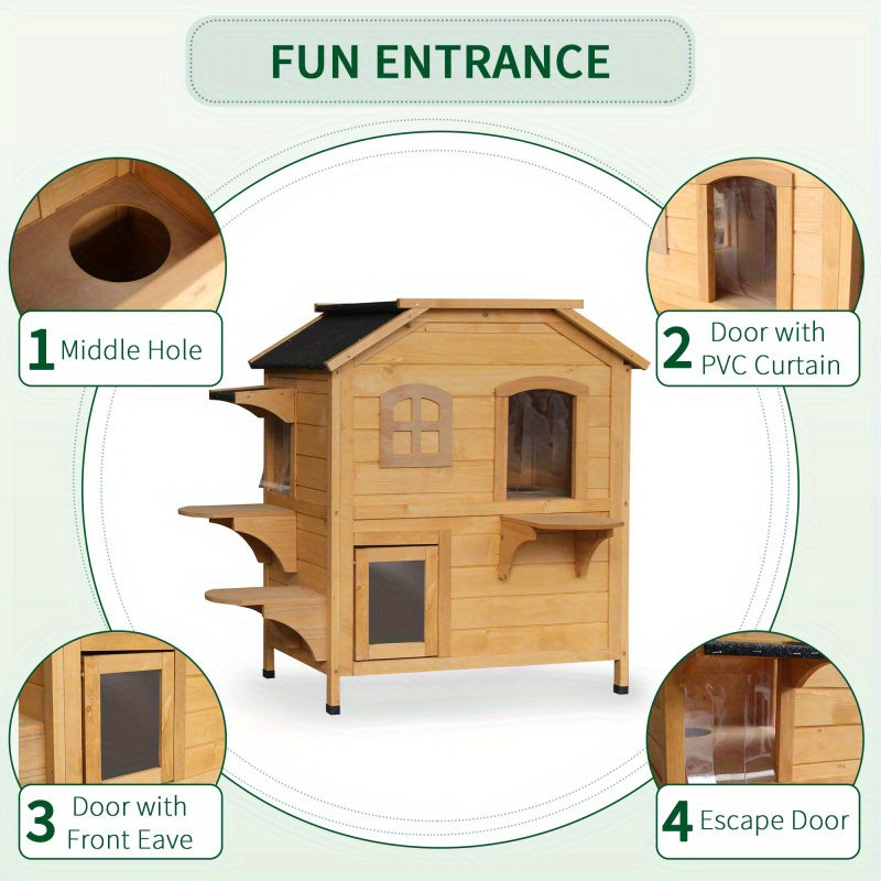 2-story Cat House Outdoor Weatherproof Wooden Cat Enclosure for Feral Cats with Escape Door Openable Roof Jumping Platforms Natural