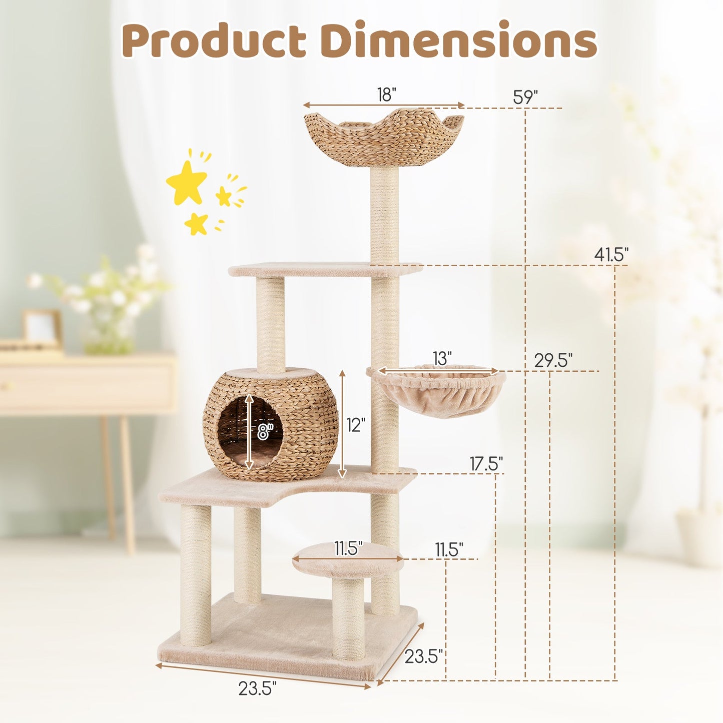 Cat Tree, 59" Cattail Cat Tower w/ Sisal Scratching Posts, Perch, Condo, Soft Hammock, Washable Cushions, 5-Layer Climbing Cat Activity Center, Cat Furniture for Indoor Kittens & Adult Cats