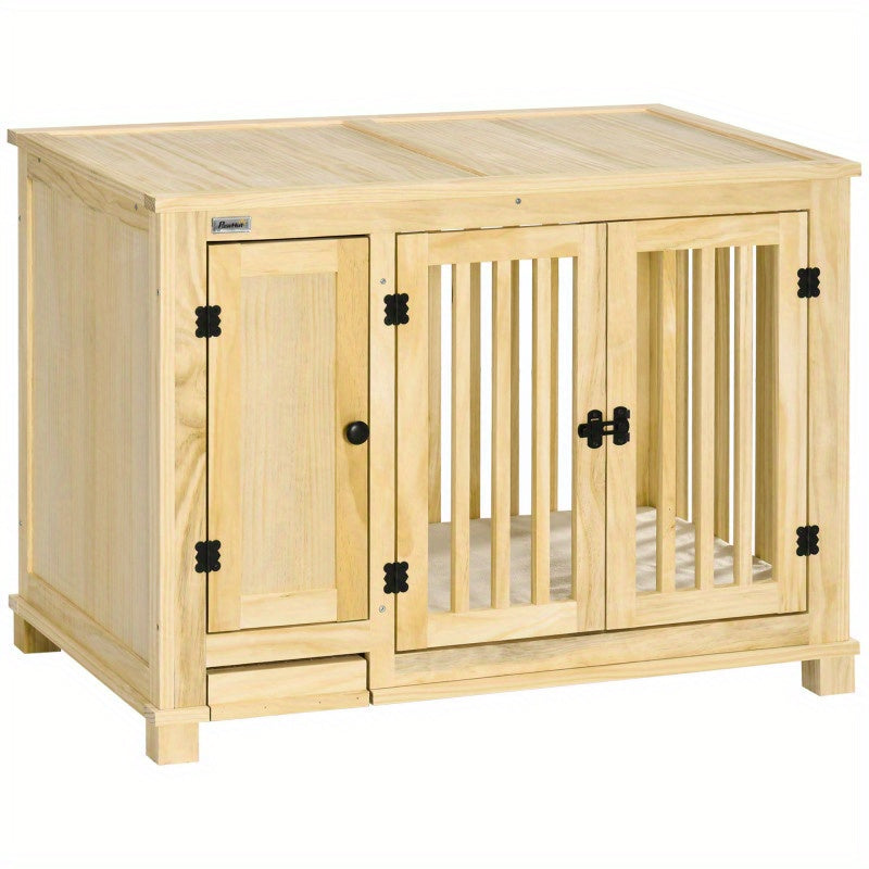 Wooden Dog Crate with Hidden Food Drawer - Cozy End Table Design for Small Breeds, Includes Cushion & Double Doors