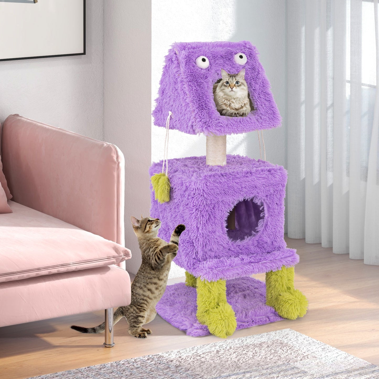 Cat Tree, Cute Monster-Themed Cat Tower w/ 2 Private Condos, Soft Long Plush, Sisal Scratching Post, Hanging Toys, Small Place Cat Furniture, 3-Level Activity Center for Indoor Cat & Kitten