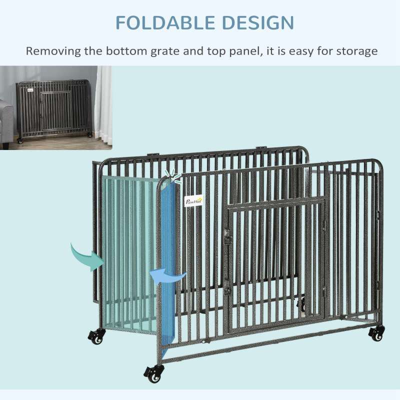 Foldable Heavy Duty Dog Cage with Wheels, Removable Tray, Synthetic Fiber Material, for Large and Medium Dogs - 43 Inches